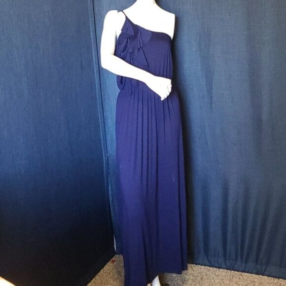 Modcloth Vertical Wave Navy Blue Ruffled Maxi Dress One Shoulder Fit & Flare - Picture 9 of 9